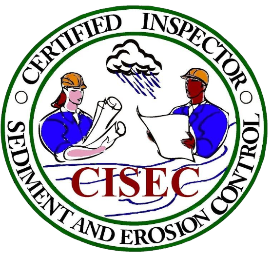 Seal of CISEC, a certified inspector for sediment and erosion control, featuring two workers in safety helmets reviewing plans, with a rain cloud overhead.