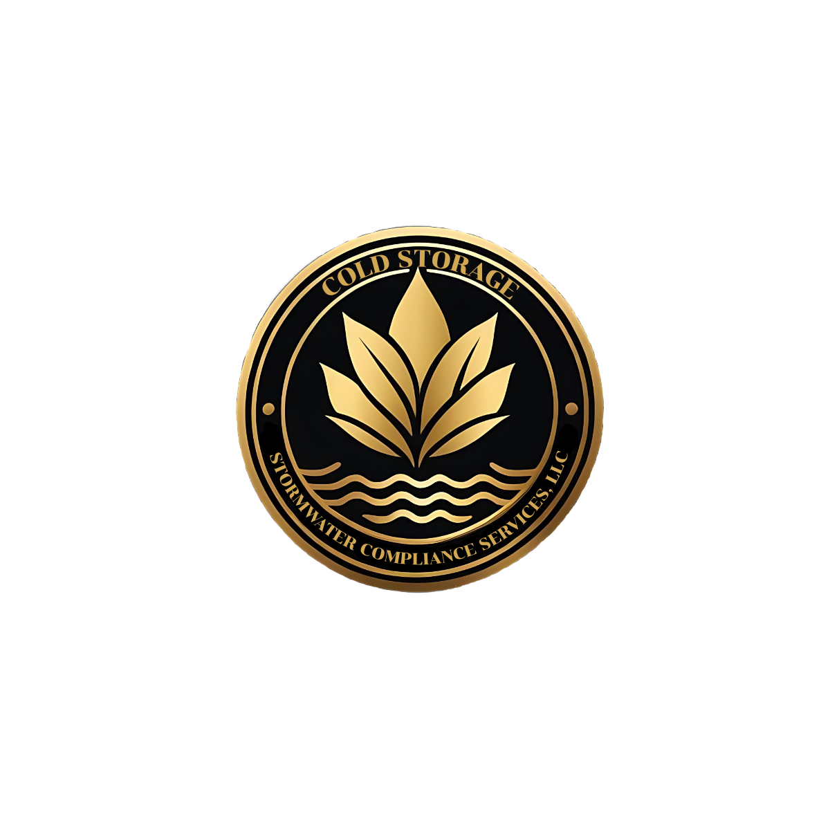 Gold and black circular seal with a plant and water waves, reading Cold Storage Stormwater Compliance Services LLC.