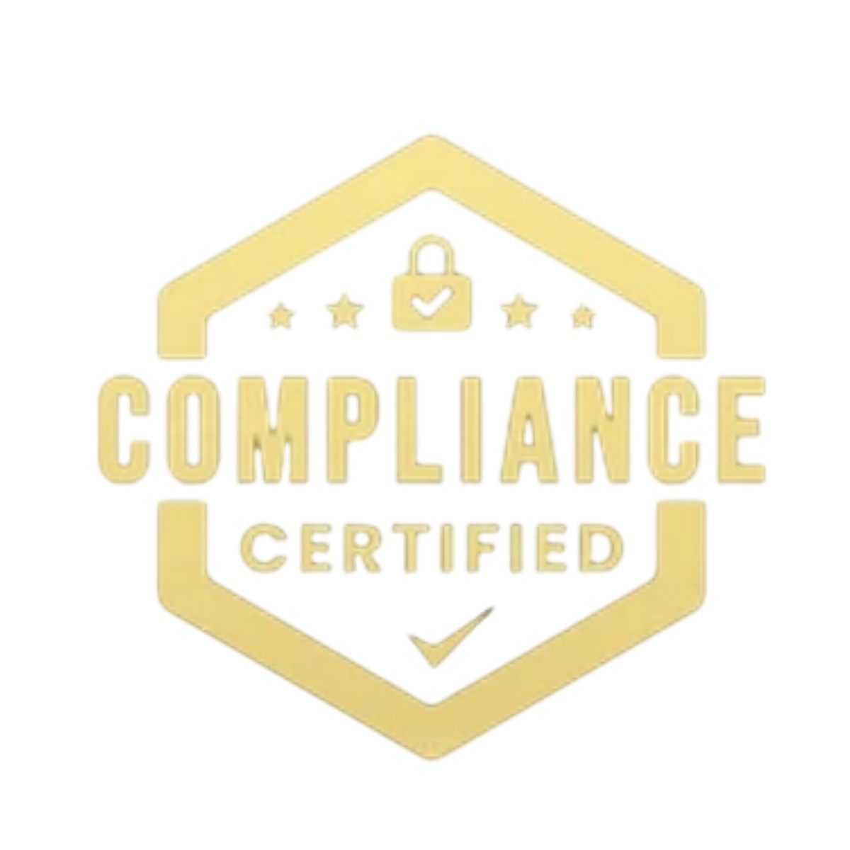Gold compliance badge with a shield outline, a lock icon at the top, stars above the text, a checkmark at the bottom, and the words ''Compliance Certified'' in the center.