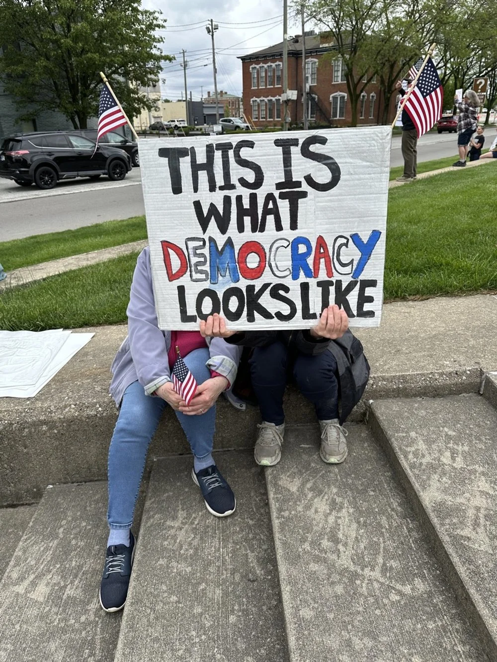 Person holding a protest sign that says, 'This is what democracy looks like,' with people and flags in the background.