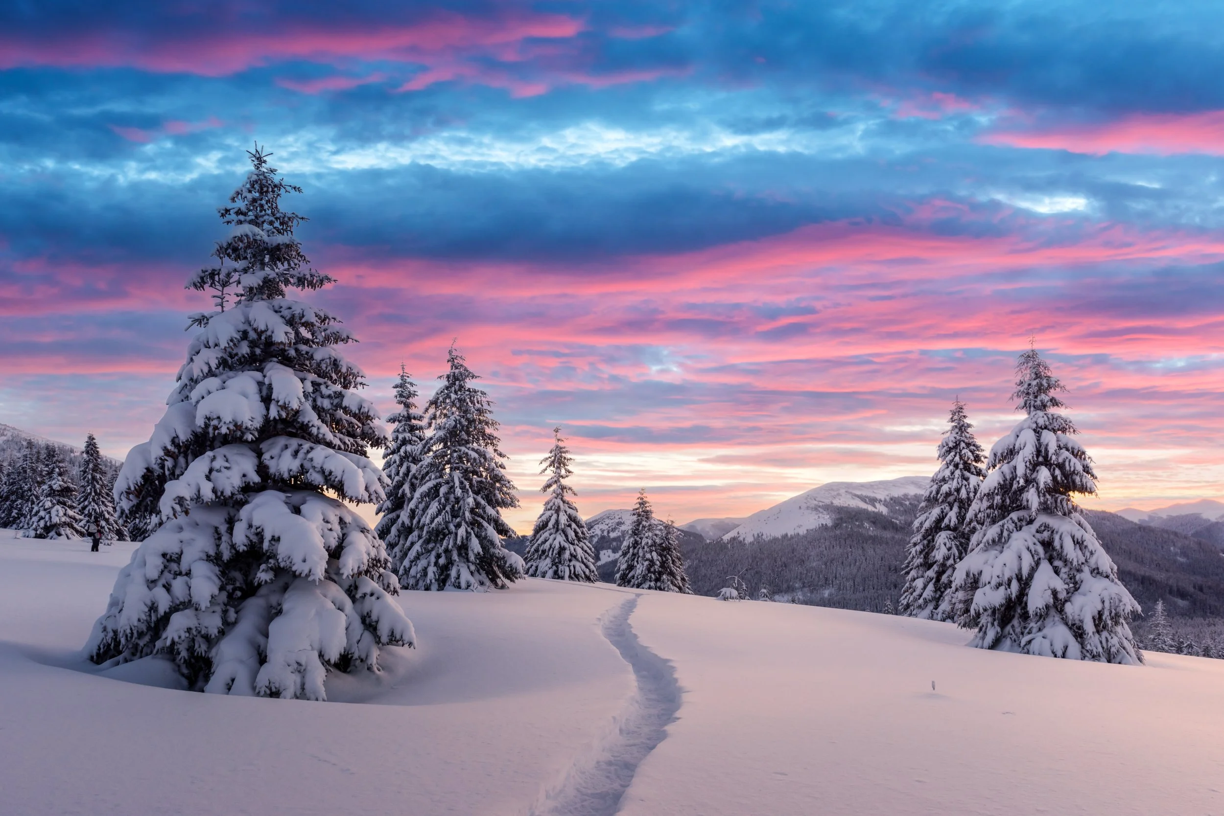 Snowy mountain path under a pink and blue sunrise sky, symbolizing intuitive guidance and clarity in a clairvoyant reading