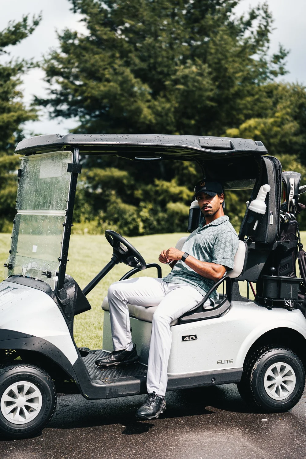 Riding out the rain delay in the cart
