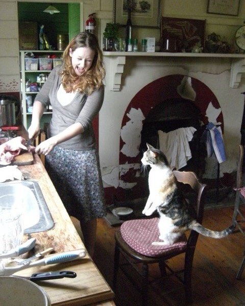 I had to dig out an old photo drive last week, so I might show you some of my past. Here I am in 2007 cutting up a rabbit (bought from the butcher) in front of our cat Tiger, who had lived on rabbits (not bought from the butcher) for several years be