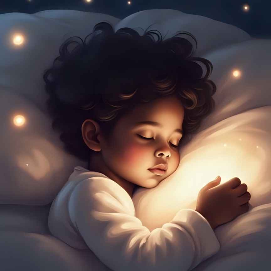 A young child peacefully asleep, cradling a glowing light in their hands beneath soft golden starlight—symbolizing warmth, safety, and love.