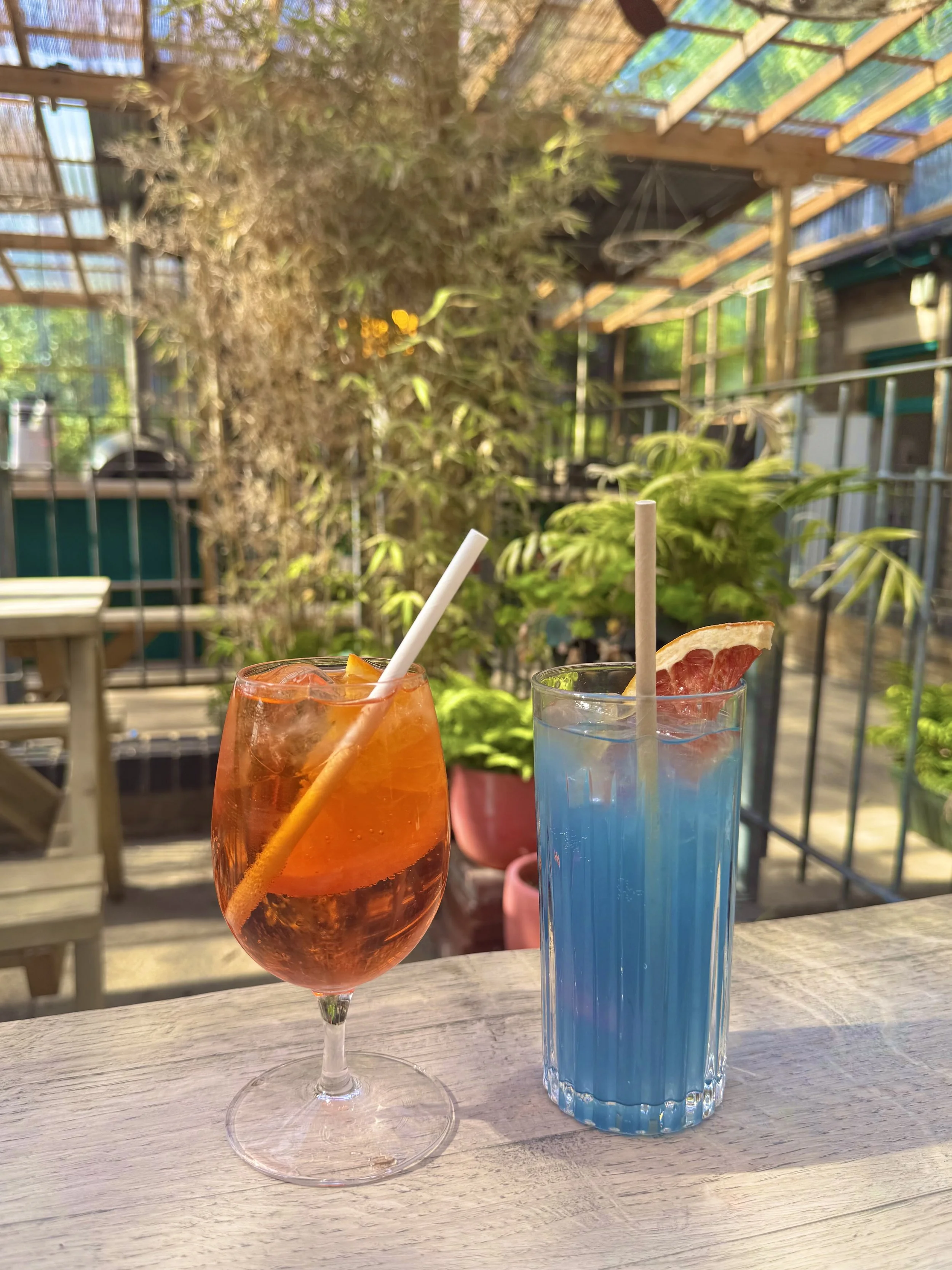 Two colorful cocktails on a wooden table outdoors, one orange with an orange slice, and one blue with a grapefruit slice, in a garden setting with plants and a shaded structure.