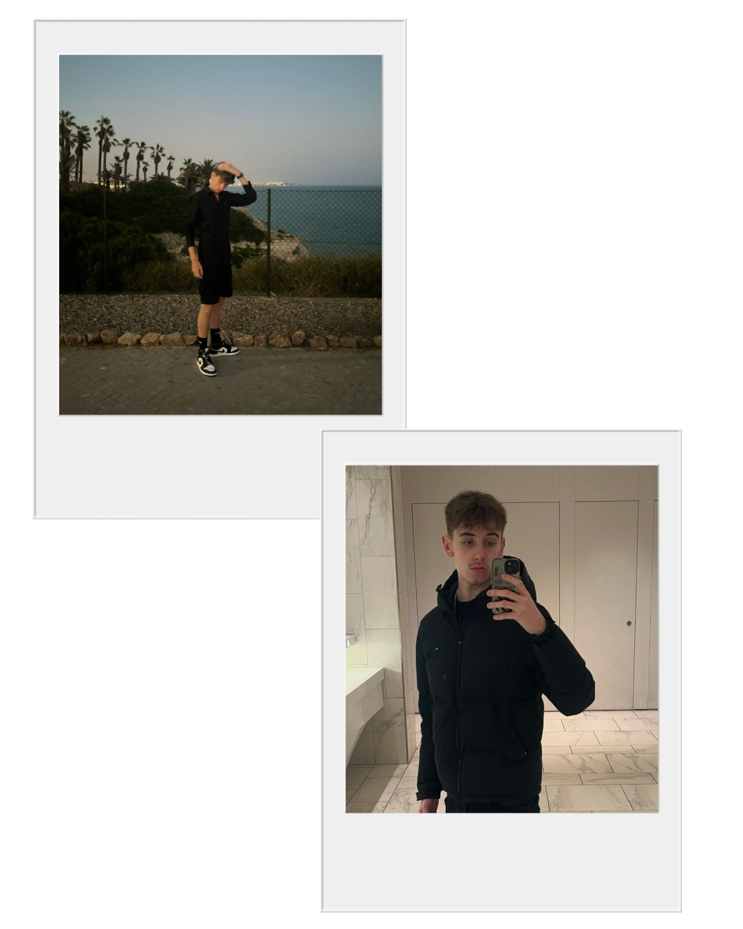Two photos of a young man. The top photo shows him standing outdoors near a coastline with palm trees, wearing black clothing and sneakers, shielding his eyes from the sun. The bottom photo shows him indoors, taking a mirror selfie in a marble bathroom, wearing a black jacket with a serious expression.