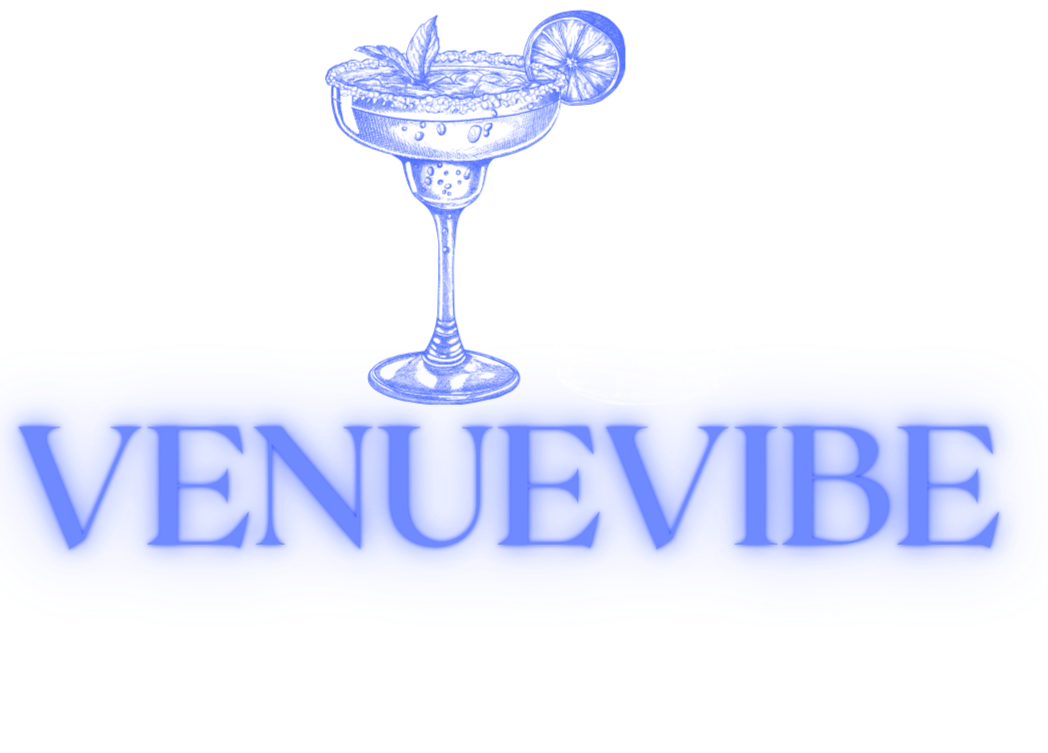 A neon sign with the text 'VENUEVIBE' and 'BY DAN', featuring an illustrated blue cocktail glass and a white whiskey glass, with a black background.