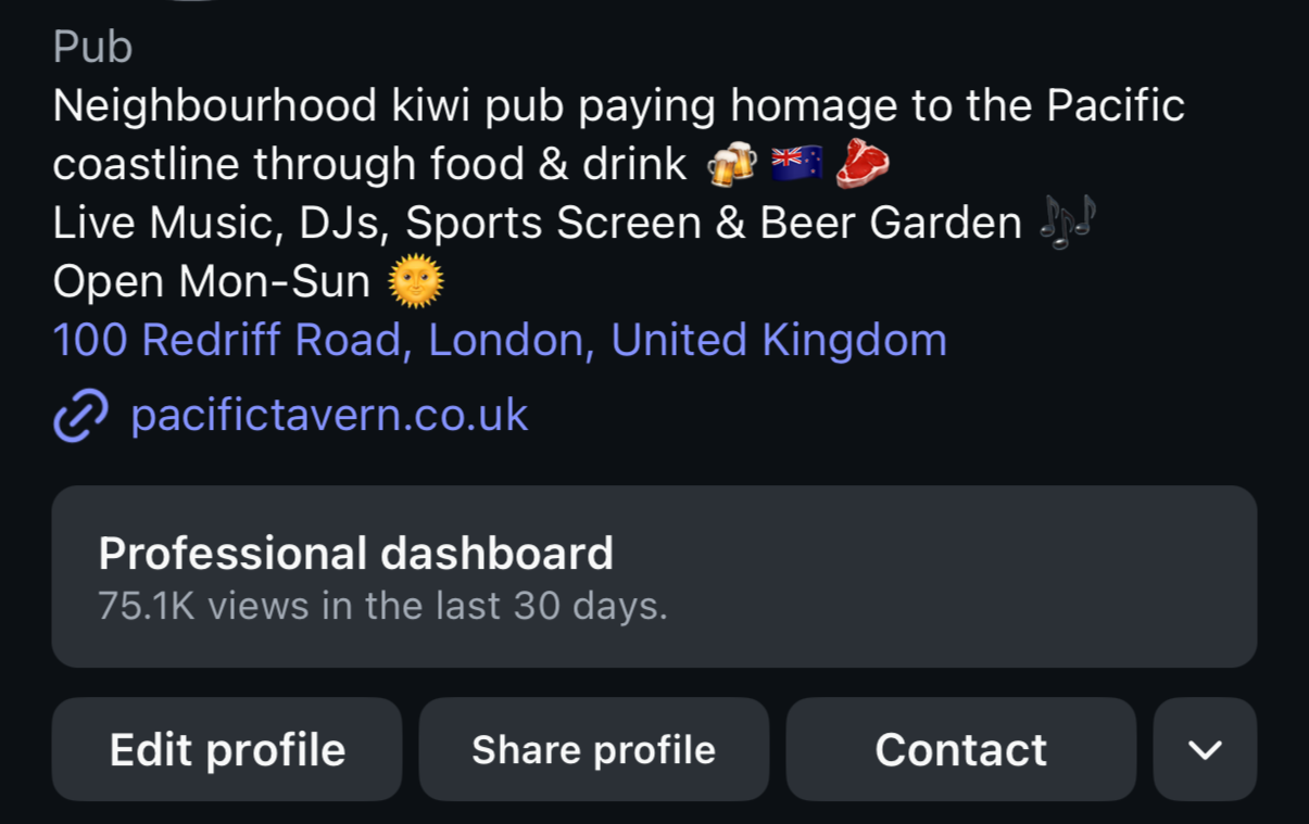 A digital screenshot of a pub's social media profile describing a neighborhood kiwi pub in London, paying homage to the Pacific coastline, offering food and drinks with live music, DJs, sports screen, and beer garden, open Monday through Sunday.
