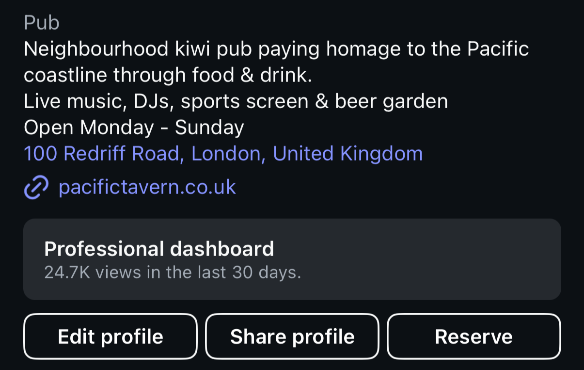 Screenshot of a social media profile showing a pub's description and contact information, including address in London, UK, with options to edit, share, or reserve the profile.