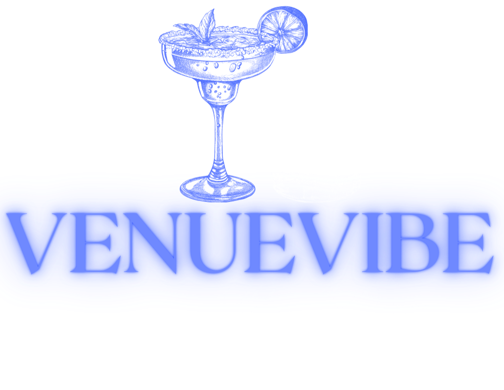 A neon sign with the words "VENUEVIBE" and "Bar & Lounge", featuring a martini glass icon.