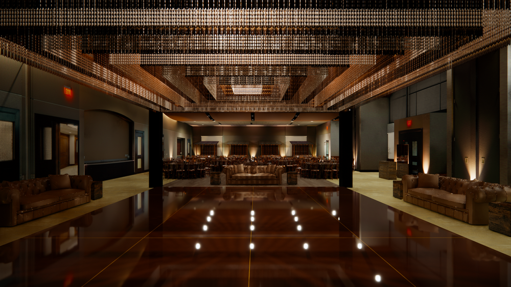 A banquet hall with warm lighting and leather sofas