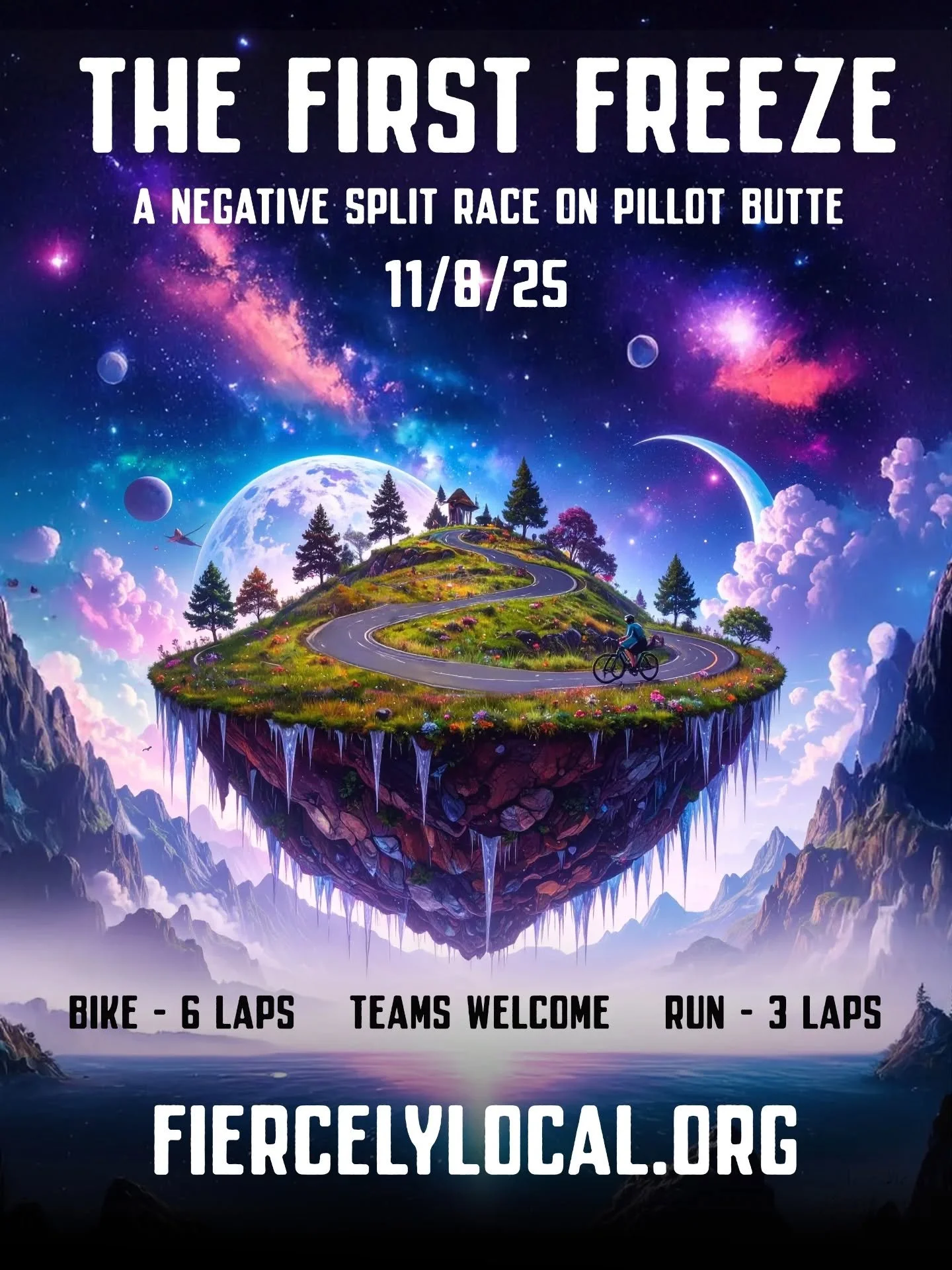 This is going to be a fun one! 
THE FIRST FREEZE
Nov 8 &bull; Pilot Butte

One hill.
3 run laps or 6 bike laps (teams welcome)
Each faster than the last.
No exceptions.

Cash prizes. The Ceremonial Iced Crown.
Registration open now.

Are you cold-blo