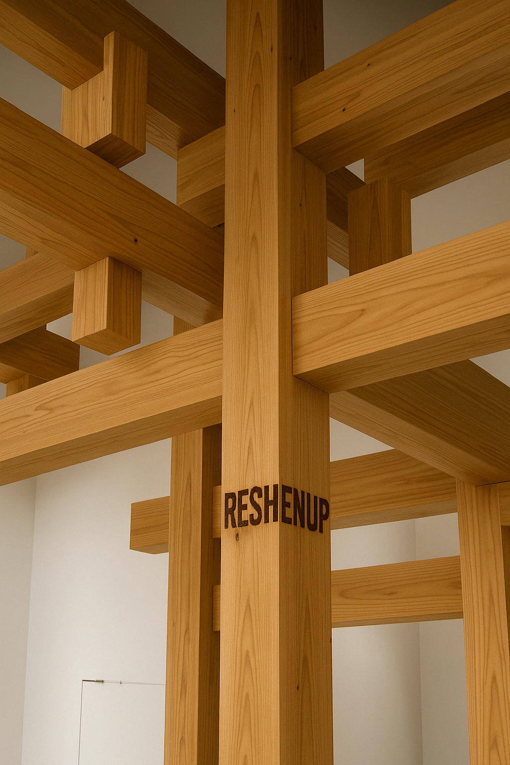 Close-up view of a wooden structure with the word "RESHENUP" printed on one of the vertical beams.
