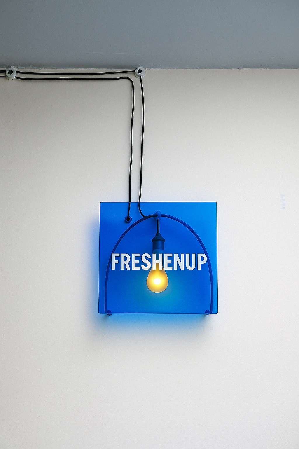 Blue sign with the word "FRESHENUP" and a light bulb hanging below it, mounted on a white wall with visible electrical wiring above.