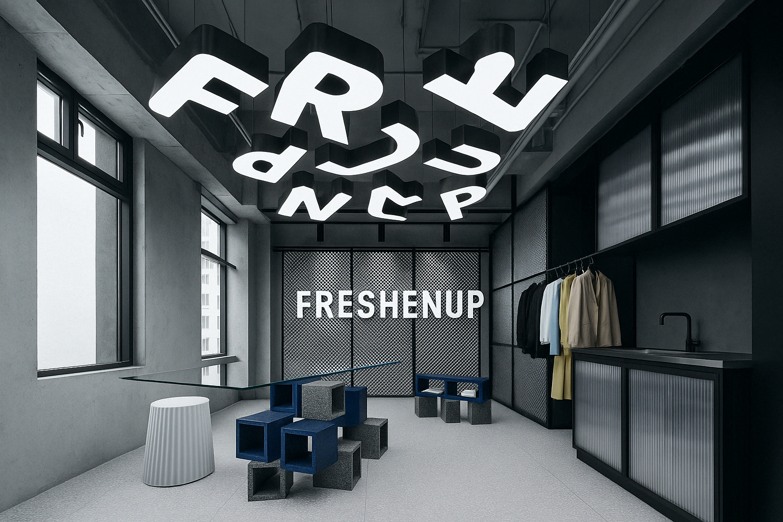 Modern interior space with black ceiling lights spelling out 'FRESH UP' and sign on back wall reading 'FRESH UP', featuring minimalist furniture, darkened walls, large windows, and a clothing rack with jackets.