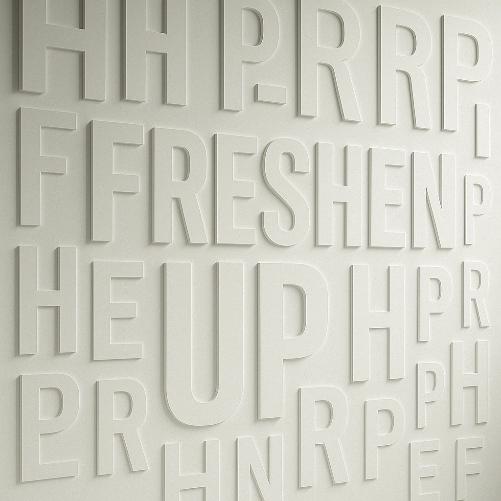 Wall with large, three-dimensional, white letters spelling words related to hygiene, including 'FRESHEN' and 'UP'.