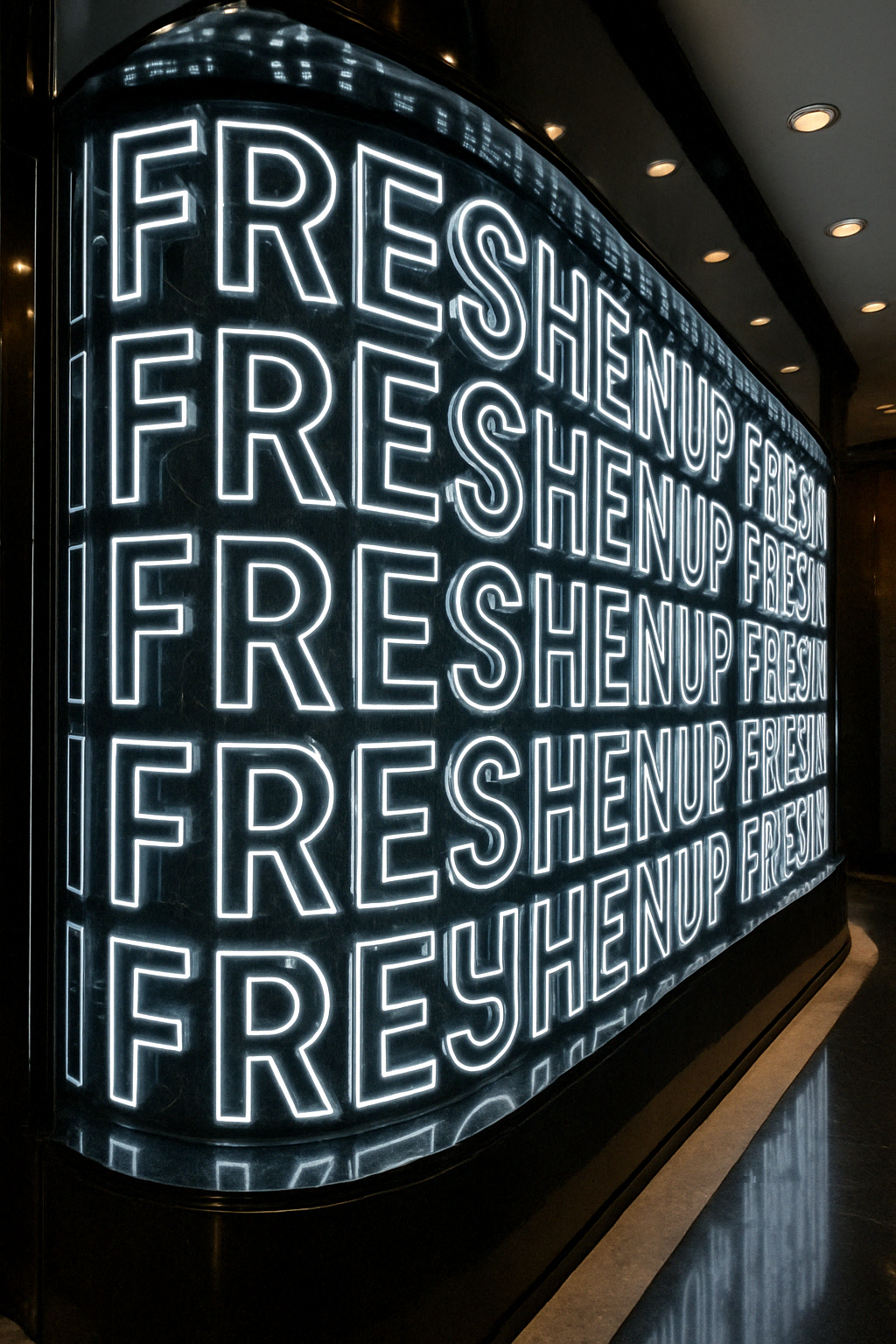 Bright neon sign on a wall displaying the words 'FRESH UP' repeatedly in white letters.