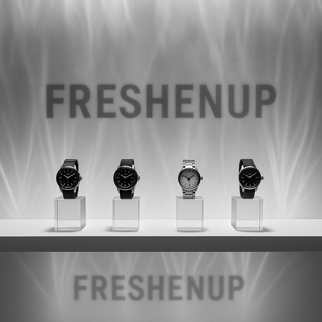 Display of four stylish wristwatches on clear stands, with the background sign reading 'FRESHENUP' in large letters.