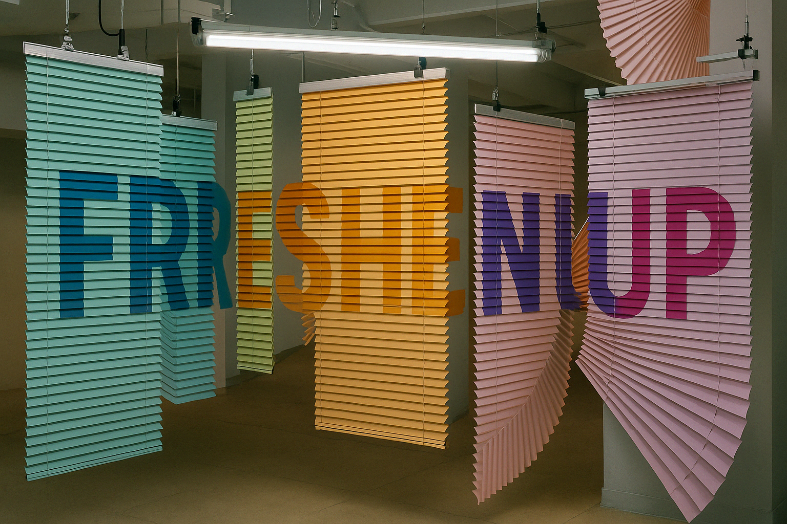 Colorful paper panels hanging from the ceiling with the words 'FRIENDSHIP' printed across them. Each letter is on a separate panel in various pastel shades.