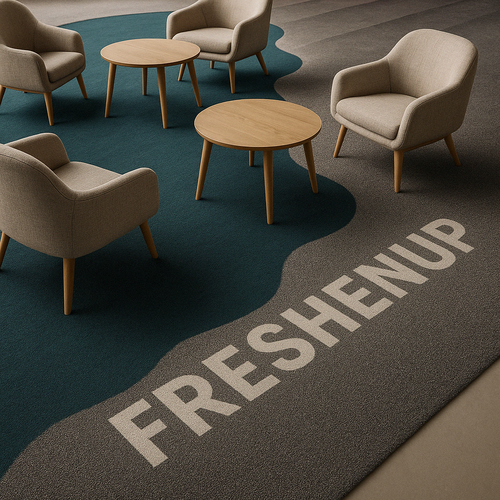 Three beige armchairs and two round wooden tables on a dark and teal carpet with the word "FRESHEST" written on it.