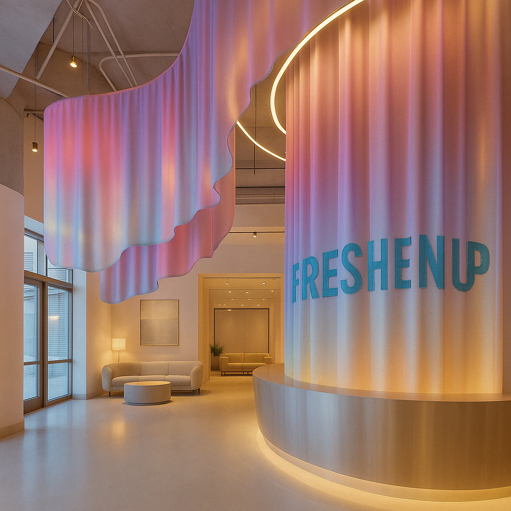 Modern lobby with pastel-colored draped fabric, illuminated circular fixtures, and a sign that says "FRESHEN UP" in teal letters.