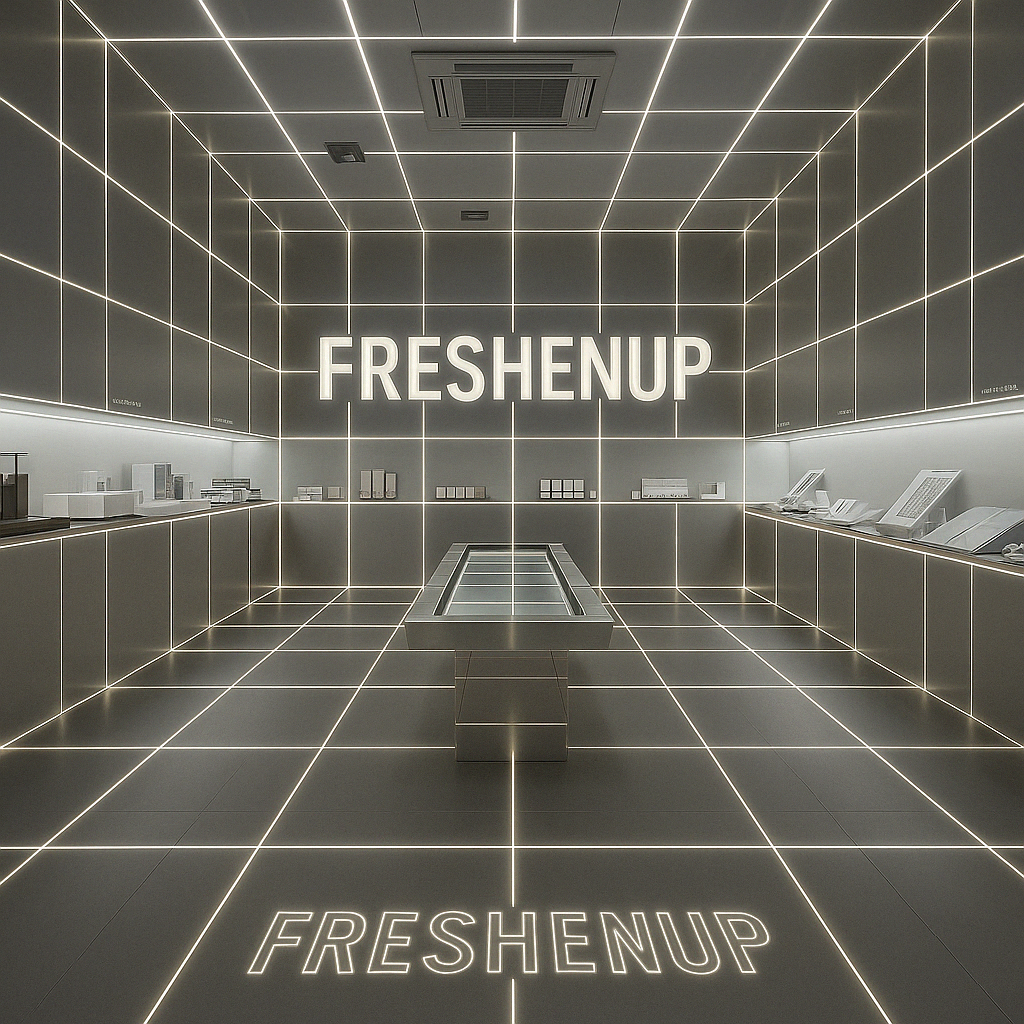A futuristic, grid-like room with illuminated lines on the walls, floor, and ceiling. The word "FRESHENUP" is displayed prominently in the center on the back wall and on the floor in neon lights. There are display cases or shelves with various items