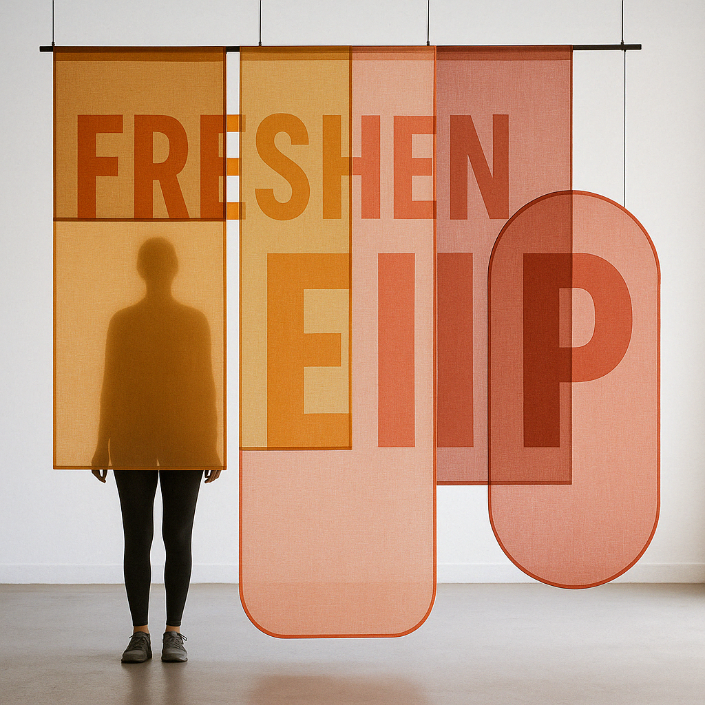 An art installation with colorful, semi-transparent hanging panels displaying the words "FRESHEN UP" in large letters.
