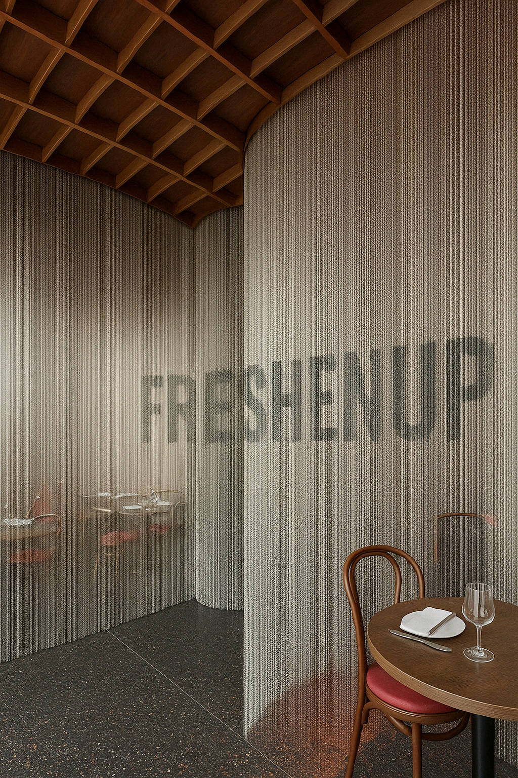 Interior of a restaurant with a wall that has the word 'FRESHEAT' printed on it, a table set with a wine glass, a napkin, and cutlery, and a wooden ceiling with a geometric pattern.