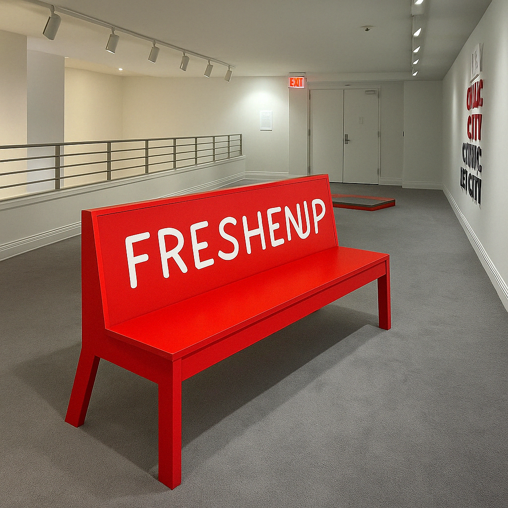 Empty gallery space with a red bench labeled 'FRESHEN UP' and a wall displaying the words 'CHICAGO CITY CHICAGO NEXT CITY' in red and black letters.