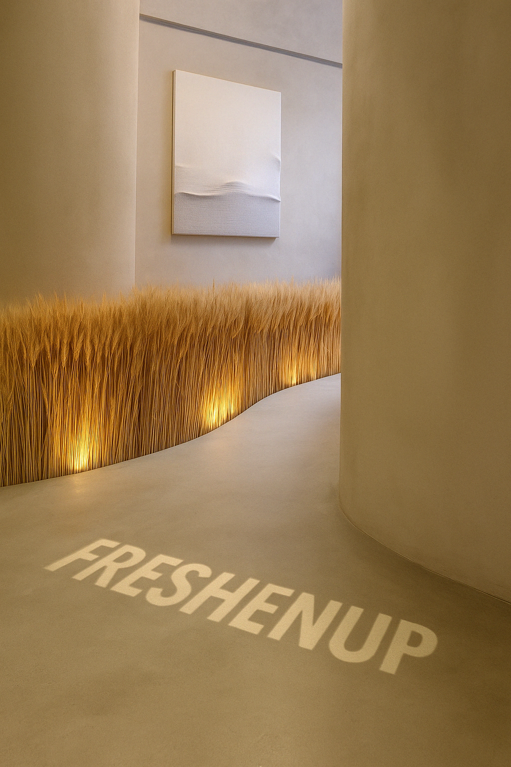 Indoor space with a modern, minimalist design, featuring a curved wall with warm lighting, a textured beige floor with the word 'FRESHEUP' projected on it, and artwork on the wall.