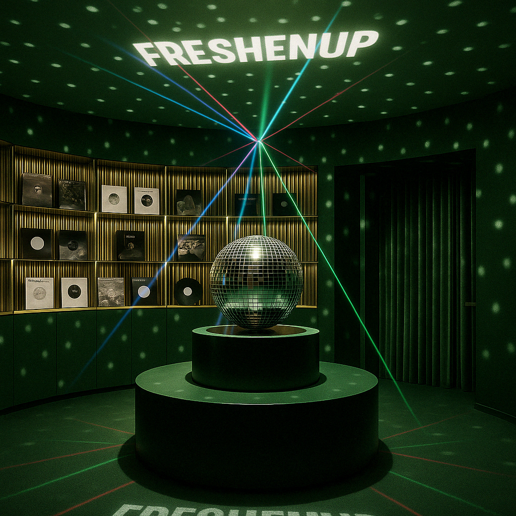 An interior space with a disco ball on a black pedestal, surrounded by vinyl records on a curved wall, with green laser lights and the word "FRESHENUP" projected on the ceiling.