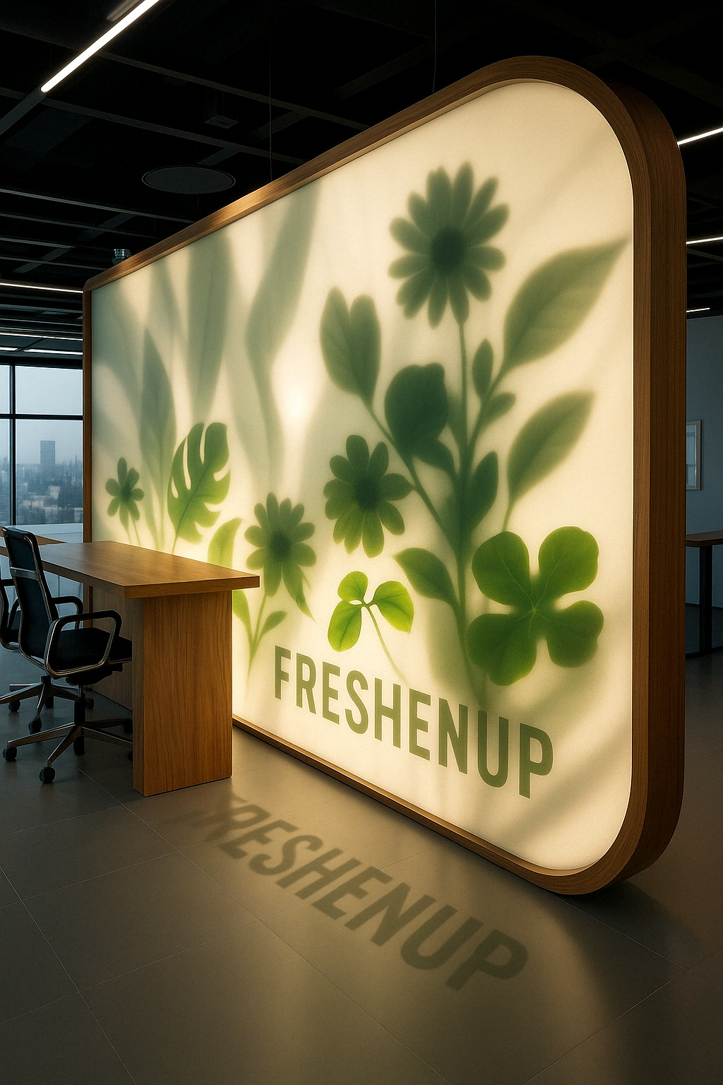 Backlit sign with green floral and plant silhouettes and the word "FRESHENUP" in green letters in an office space.