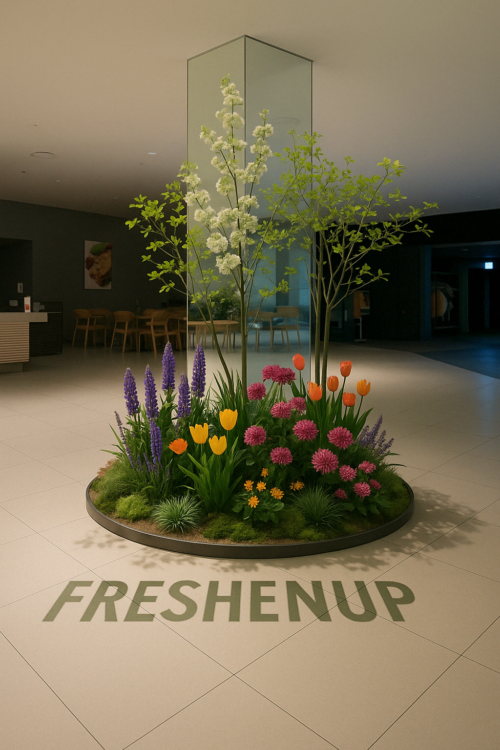 Colorful flower arrangement inside a round black planter with the word "FRESHEN UP" written on the white tiled floor in front of it.