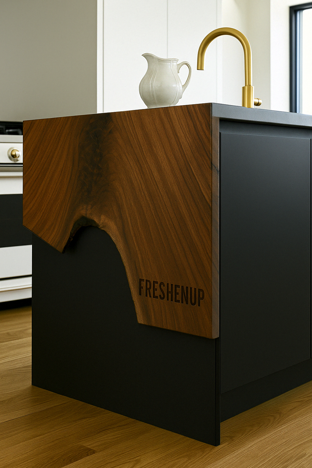 Close-up of a kitchen island with a dark base, a wooden side panel with the word 'FRESHENUP' engraved, a white pitcher, and a gold kitchen faucet.