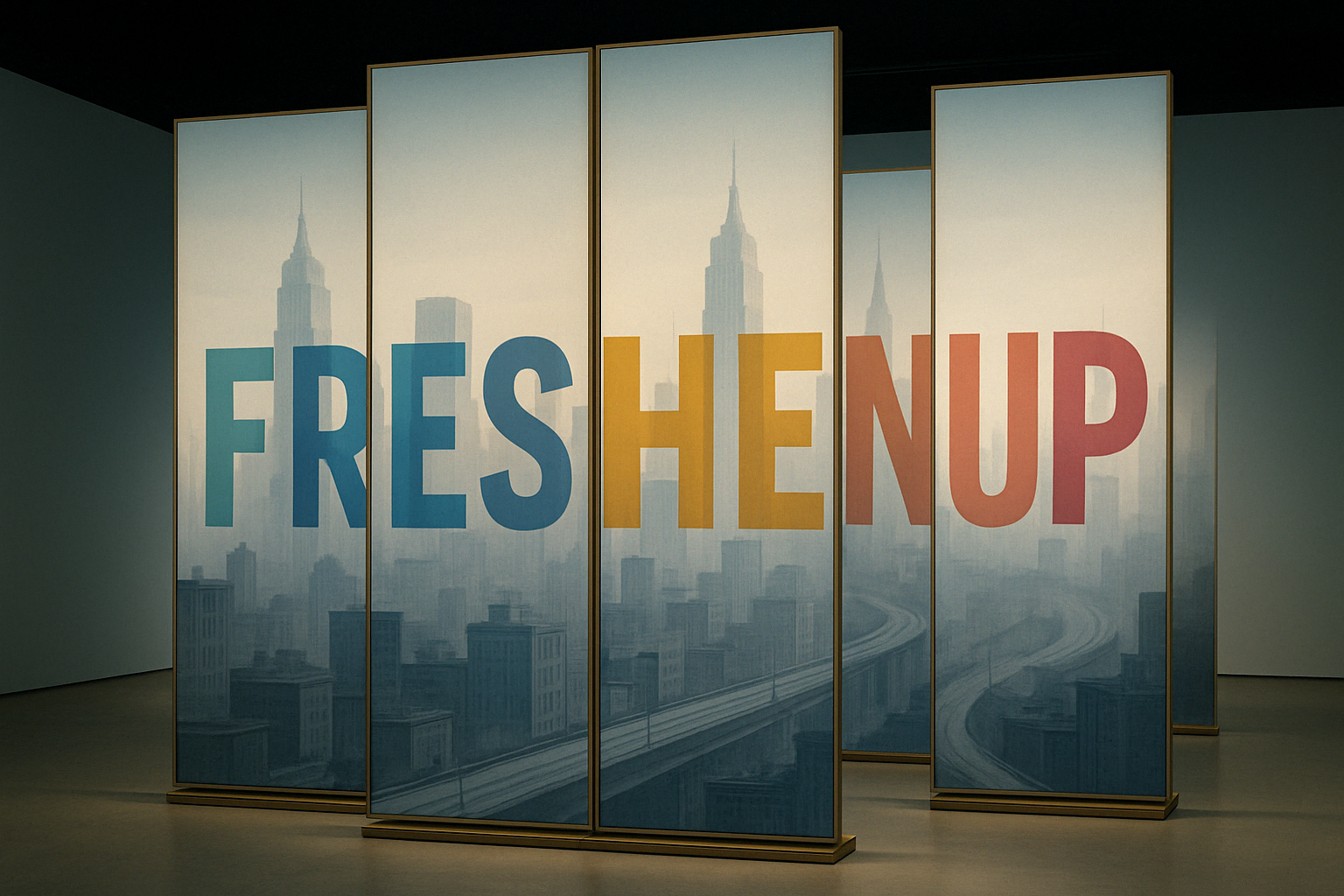 An art installation with four large panels spelling out 'FRESHEN UP' in colorful letters against a backdrop of a city skyline with the Empire State Building.