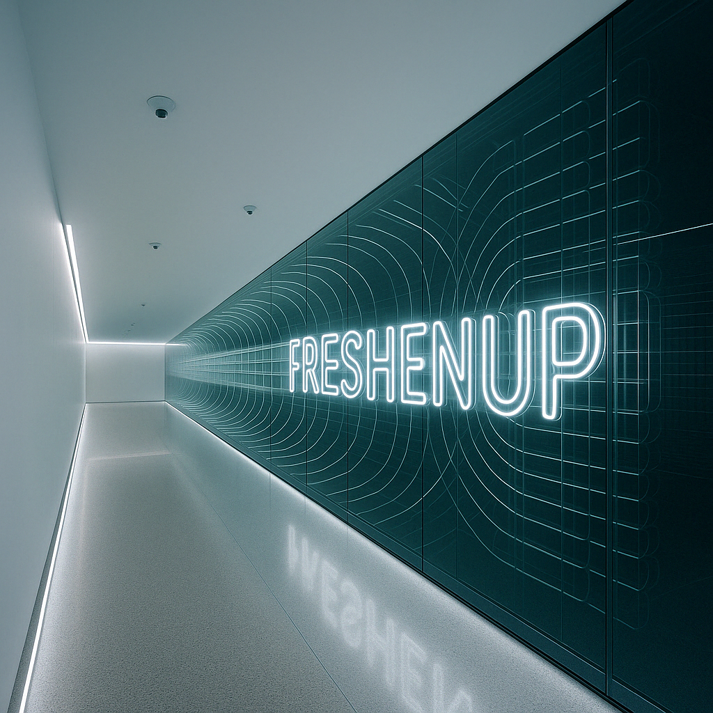 Futuristic hallway with a glowing neon sign that reads 'RefreshUp' on a dark wall, with reflective flooring and minimalistic design.