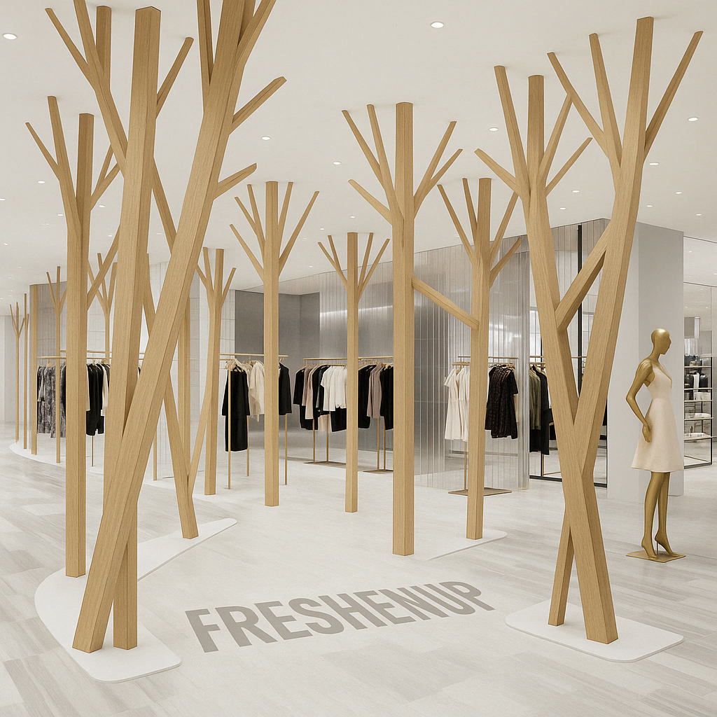 Interior of a clothing store with wooden tree-shaped display structures and a mannequin in a white dress, with the word 'FRESHEN UP' on the light-colored floor.