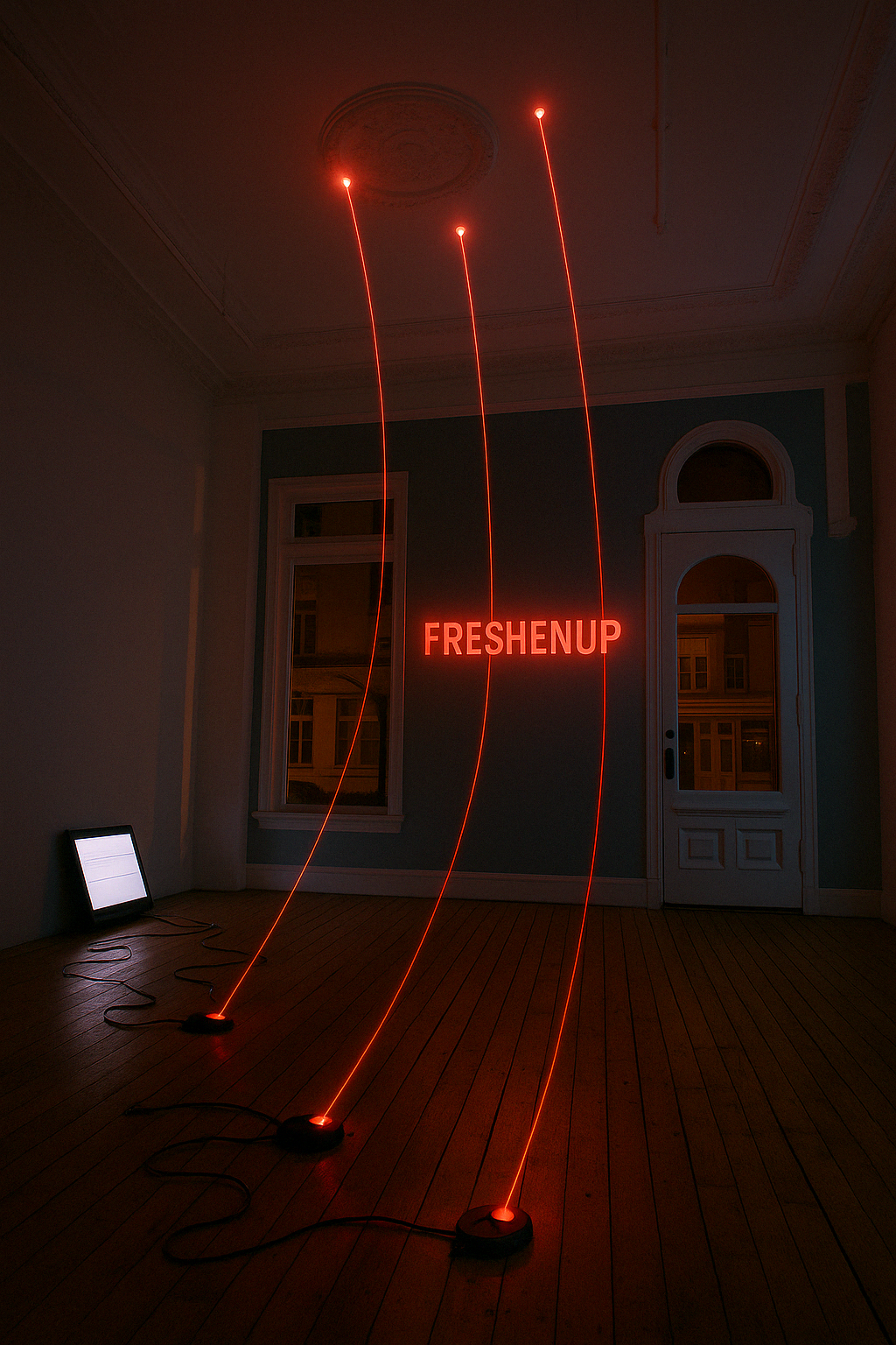 Neon red sign reading 'FRESHENUP' in a dimly lit room with wooden floors, connected to floor lights with cords, and two windows and a door.