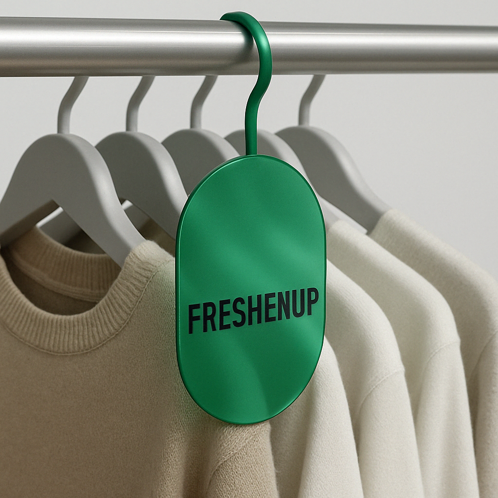 A green clothing tag on a beige sweater, hanging on a metal clothing rack with similar sweaters in the background.