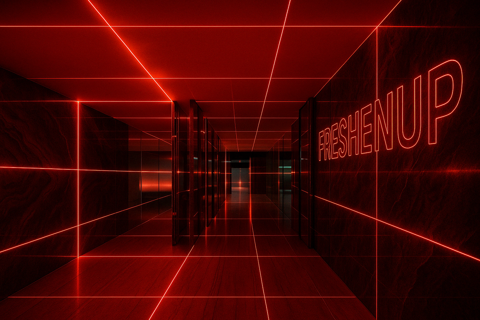 A hallway with red neon grid lines on dark walls and ceiling, with a sign on the right that reads 'FRESHEN UP' in illuminated red neon, and glass doors along the corridor.