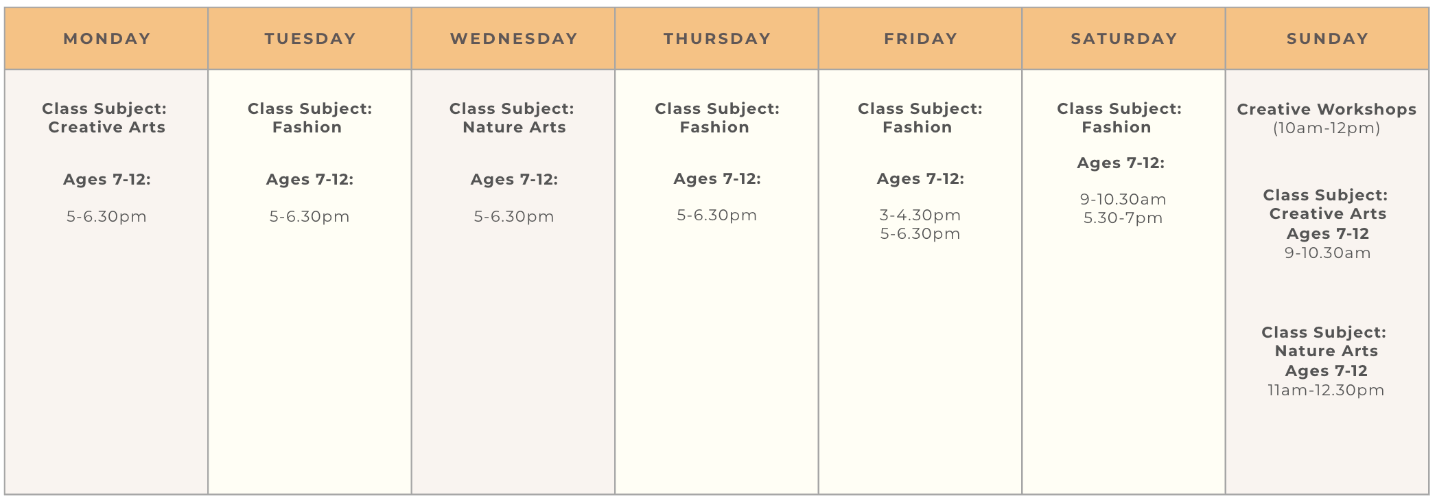 Junior group class (kids age 7-12) timetable for art and fashion