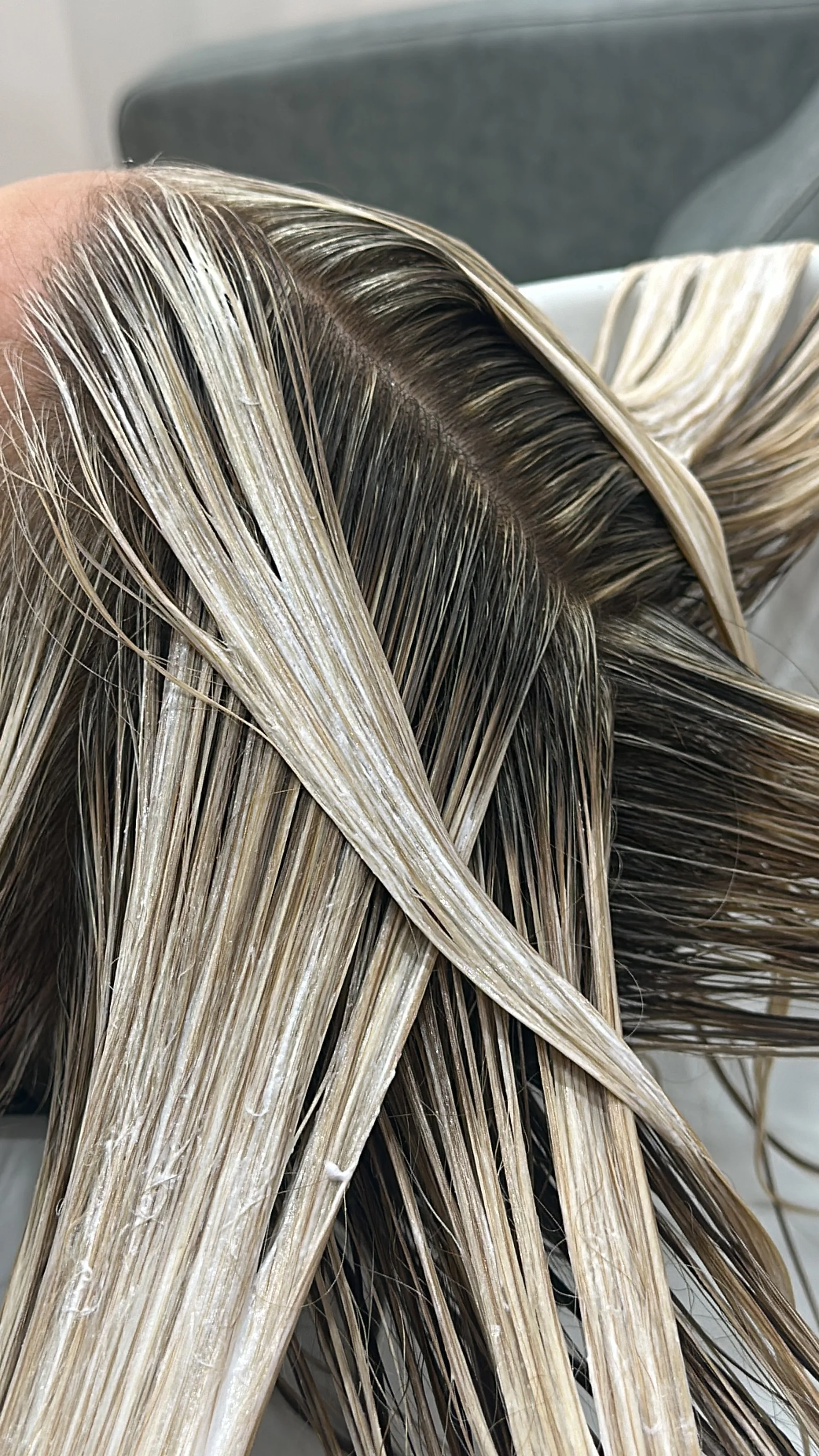 Basin balayage process or refreshed blonde ends. Freehand technique applied at the basin. Natural light. Alt text: Basin balayage blonde refresh at HairyAdelaide, Mona Vale, Northern Beaches