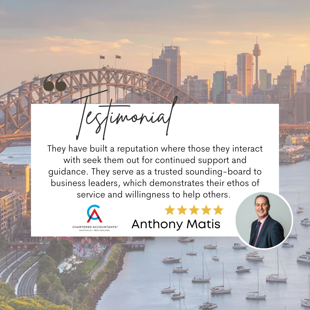 Testimonial quote from Anthony Matis, overlaying a cityscape with a bridge, featuring five gold stars, and the Chartered Accountants logo.