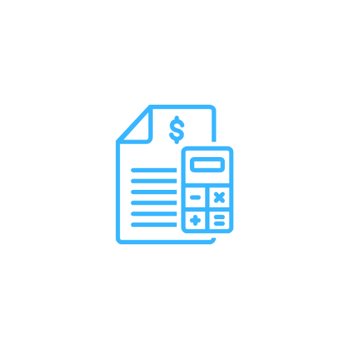 Blue line icon of a document with a dollar sign and a calculator next to it, representing financial calculations or accounting.  Accountant Bookkeeper Tax Agent in Condobolin Parkes Forbes Central West Mid North Coast Kempsey South West Rocks Crescen