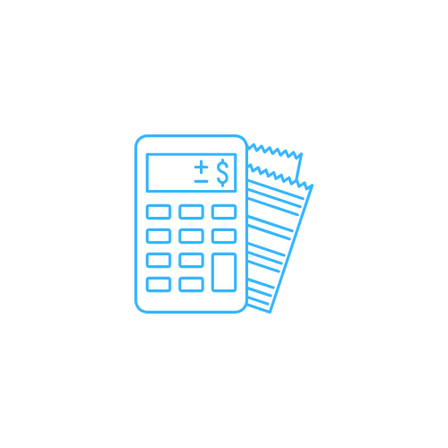 Calculator and paper receipts icon in blue outline.  Accountant Bookkeeper Tax Agent in Condobolin Parkes Forbes Central West Mid North Coast Kempsey South West Rocks Crescent head Port Macquarie Coffs Harbour