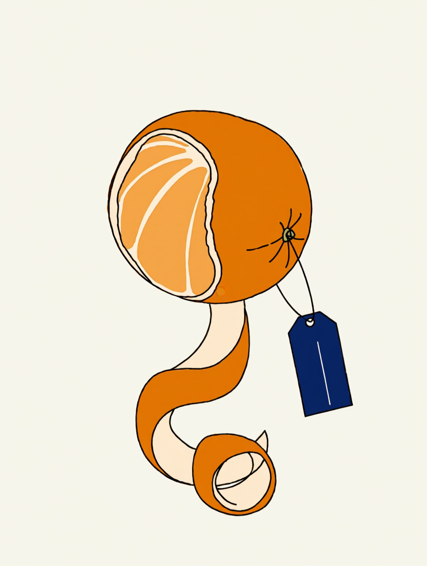 Peeled orange with a price tag, referencing the Getting to Yes sisters parable and the price of candor in revealing what you value