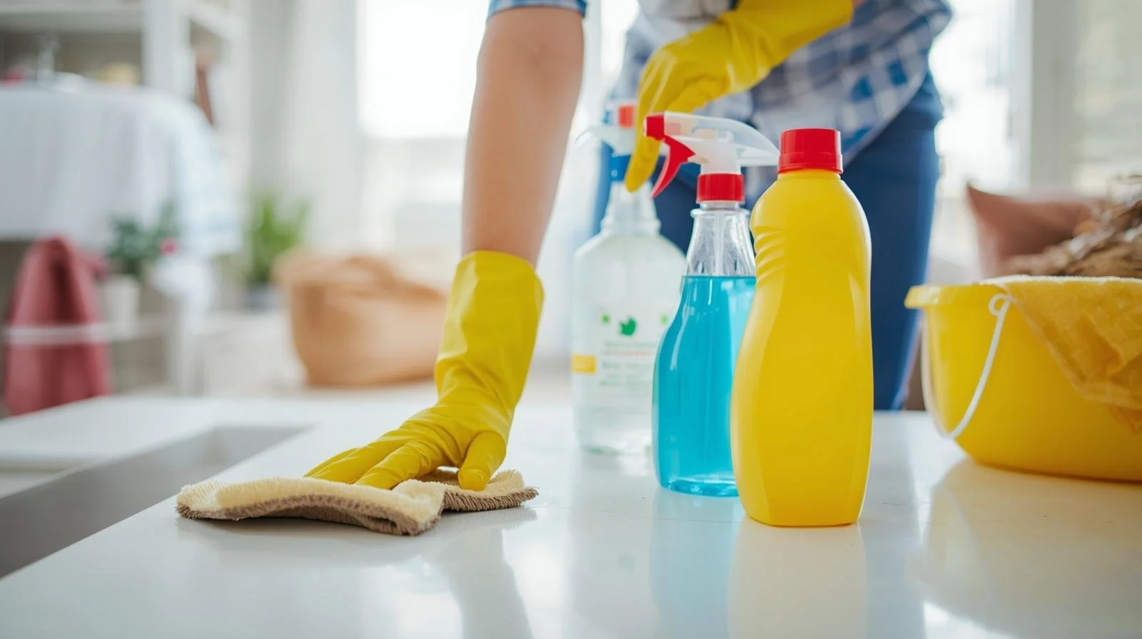 Person cleaning a white countertop with a cloth, surrounded by various cleaning bottles, wearing yellow rubber gloves in a bright, modern kitchen.