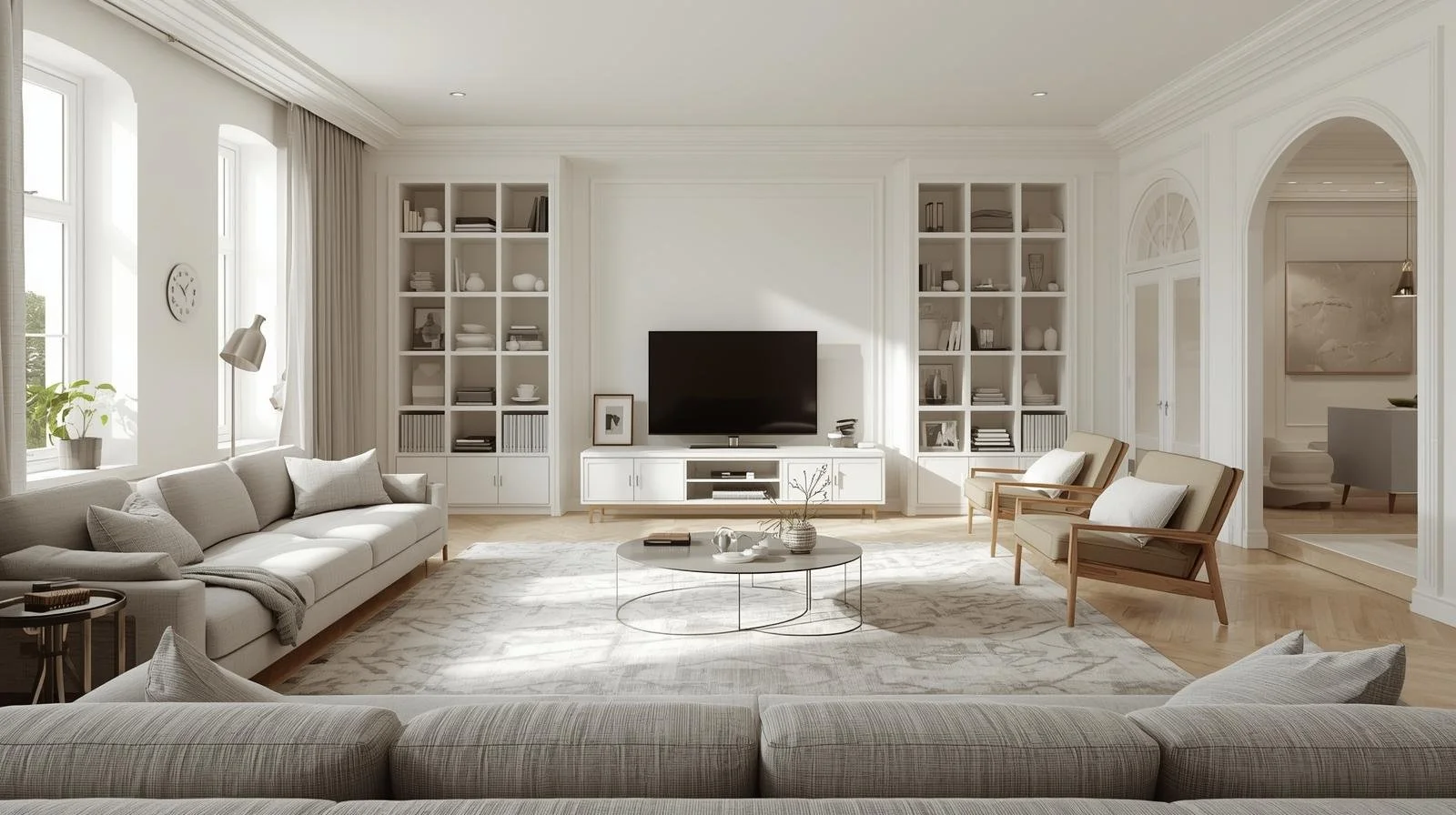 A bright, modern living room with off-white sofas, wooden chairs, a white media console with a flat-screen TV, built-in bookshelves, a round coffee table, and large windows with curtains.