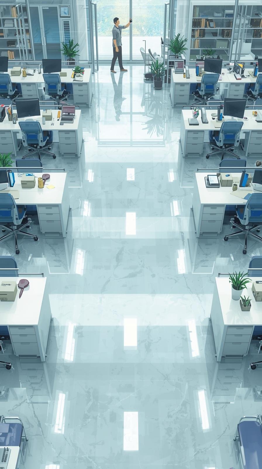 An empty modern office with blue chairs and white desks, some with computers and office supplies, and potted plants, illuminated by bright overhead lights and large windows, with a person cleaning a window near the glass door.