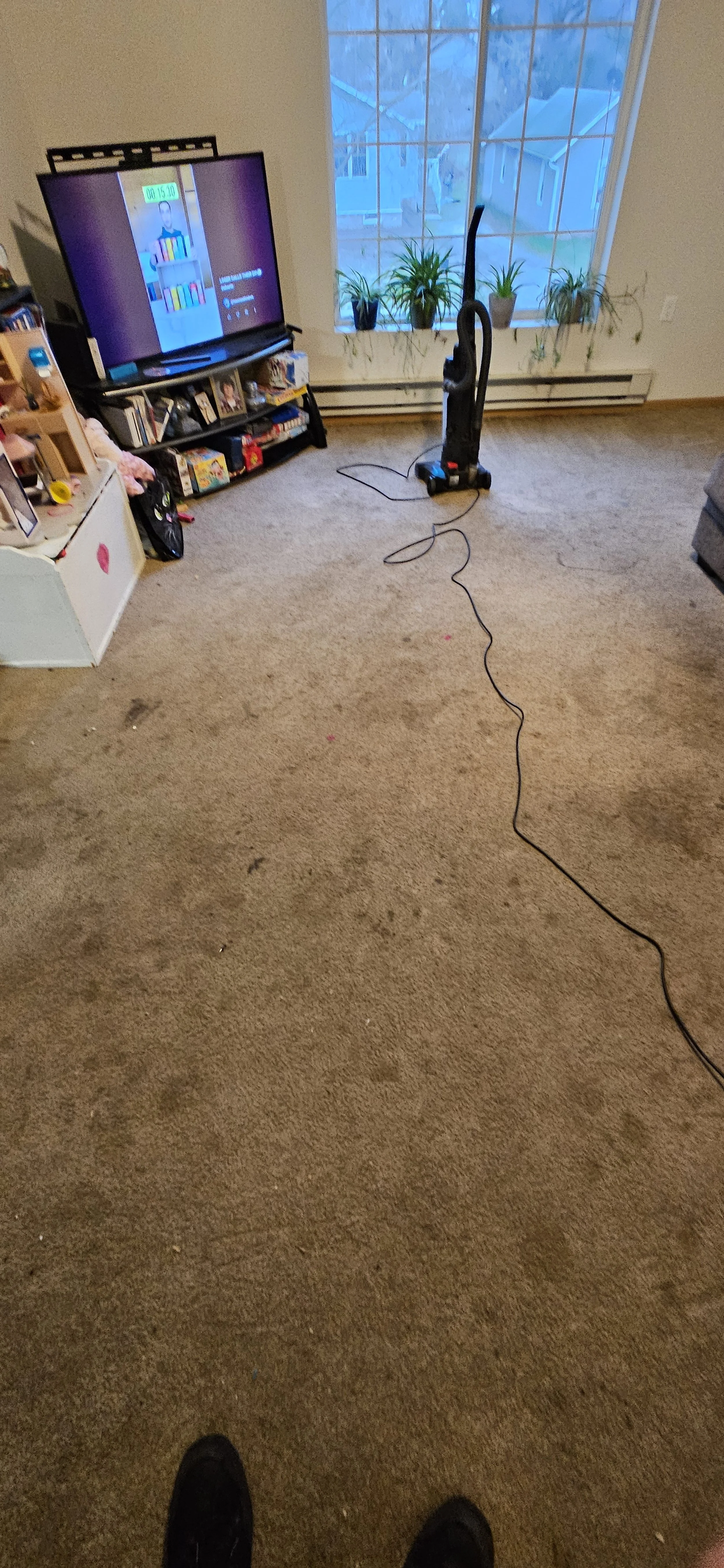 Empty living room with brown carpet, a TV on a stand, a window with plants, and a vacuum cleaner plugged into an outlet.